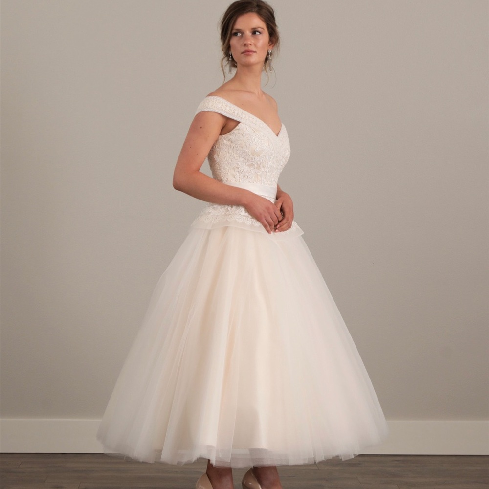 Wedding dress tea length off the shoulder